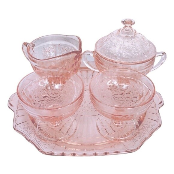 VTG 30s Pink Depression Glass Sharon Cabbage Rose Design & Berries 6 Piece Set - Picture 2 of 15